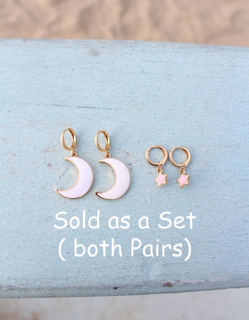 Moon and Star Earrings Earring Set Gold White Pink Hoop Earrings Birthday Gift Gift for BFF image 2