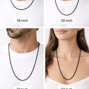 May include: Four images displaying black chain necklaces in different lengths: 18, 20, 22, and 24 inches. Each necklace is shown on a person wearing a white top. The text "Lifestyle images may be digitally enhanced for presentation" is at the bottom.