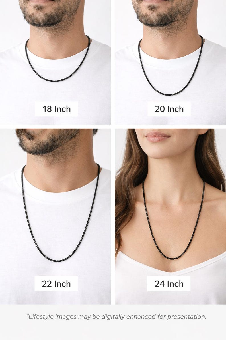 May include: Four images displaying black chain necklaces in different lengths: 18, 20, 22, and 24 inches. Each necklace is shown on a person wearing a white top. The text "Lifestyle images may be digitally enhanced for presentation" is at the bottom.