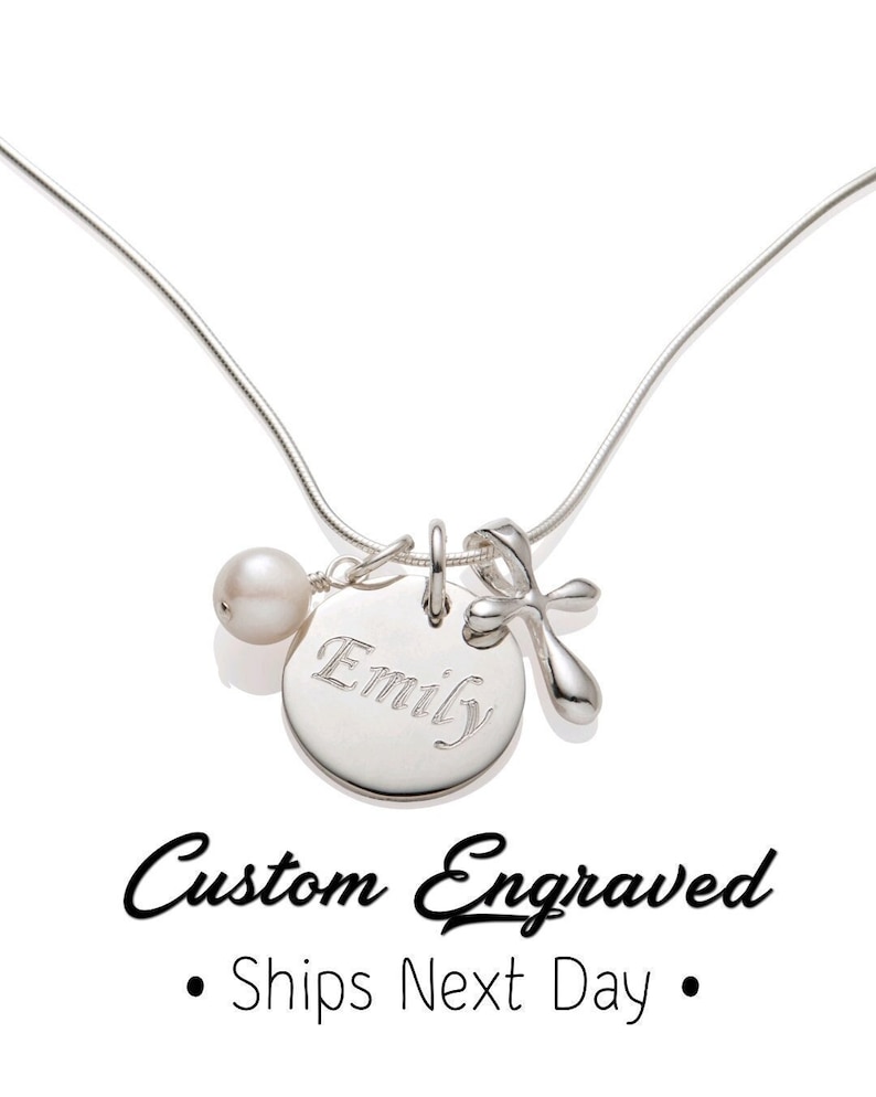 Personalized Baptism Gift Girl Baptism Gift from Godmother Christening Gift Cross Necklace Religious Jewelry Engraved Necklace image 1