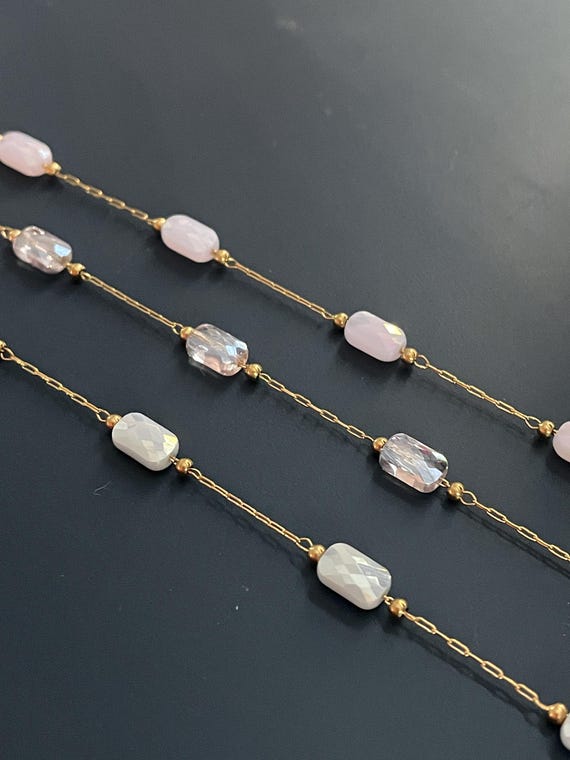 18k Gold Permanent Jewelry Chain, Crystal Glass Bead, Water Pink, Transparent, Grey, Tarnish-Resistant