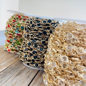 Crystal Bead Chain - Gold Black Clear Multi Colored Crystal Beads- Wholesale Bulk Chain on Spool