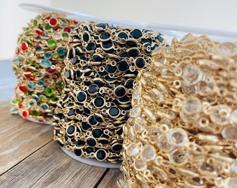 Crystal Bead Chain - Gold Black Clear Multi Colored Crystal Beads- Wholesale Bulk Chain on Spool