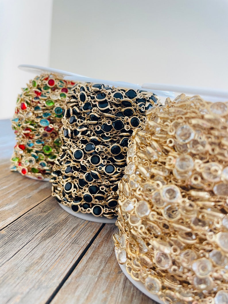 Crystal Bead Chain Gold Black Clear Multi Colored Crystal Beads Wholesale Bulk Chain on Spool image 1
