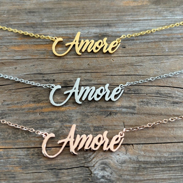 Collier écriture Amore réglable en or, argent, or rose, acier inoxydable, amour en italien, bijoux unisexes pour tous les jours, cadeau d'anniversaire