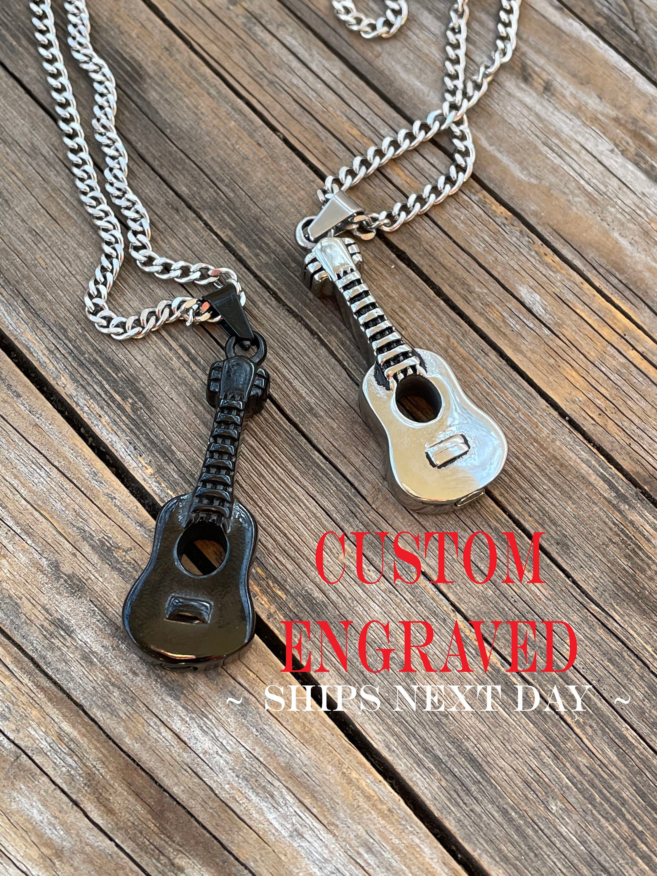 Gold Acoustic Guitar Dog Tag Stainless Steel Cremation Jewelry Pendant Necklace