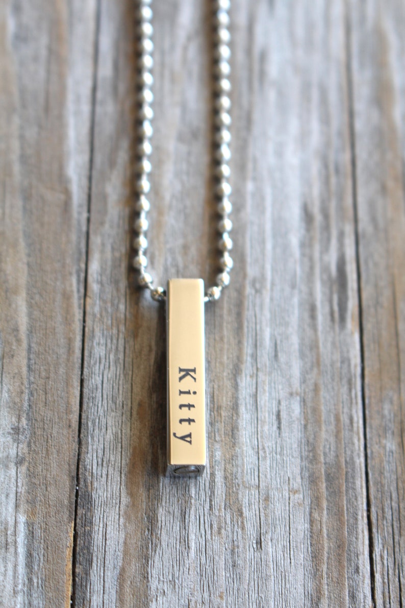 May include: A silver chain necklace with a silver bar pendant engraved with the word "Kitty".