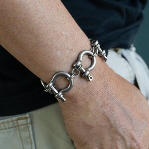 Retro Modernist Stainless Steel carabiner bracelet in silver and gold, custom length. All horse shoe bracelet, personalized length. Punk rock jewelry, statement piece for those who dare to be different.