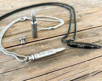 Bullet Urn Necklace for Him - Custom Engraved Cremation Memorial Jewelry for Ashes - Stainless Steel - Gun Enthusiast Commemoration Gift