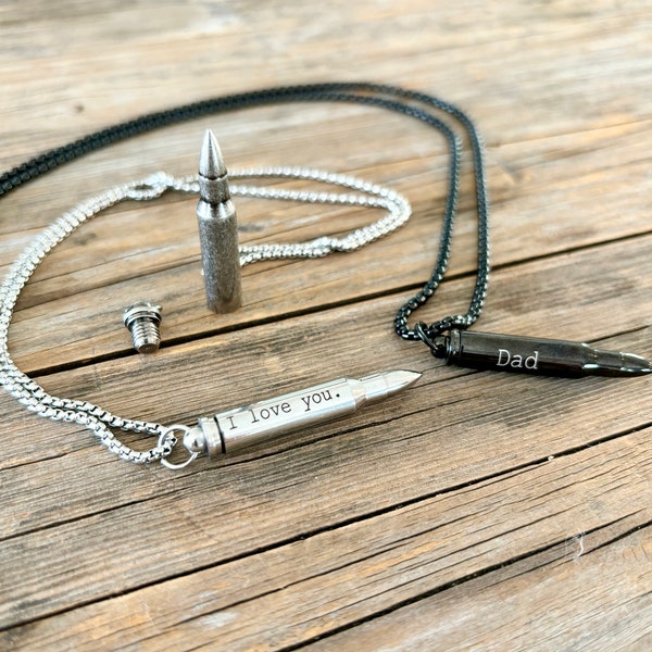Bullet Urn Necklace for Him - Custom Engraved Cremation Memorial Jewelry for Ashes - Stainless Steel - Gun Enthusiast Commemoration Gift