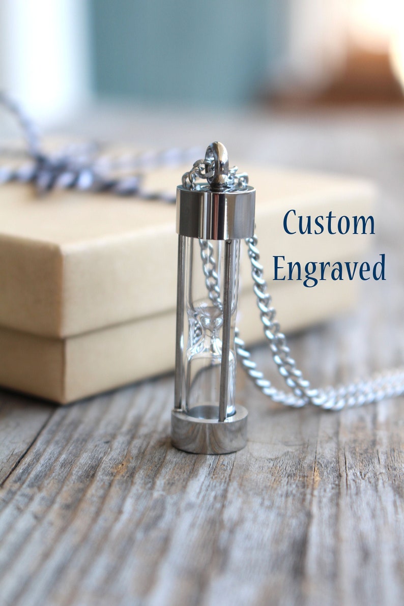 Hourglass Urn Necklace Custom Engraved - Silver or Black Urn Pendant Jewelry for Ashes - Cremation Jewelry for Him 