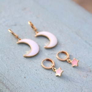 Moon and Star Earrings Earring Set Gold White Pink Hoop Earrings Birthday Gift Gift for BFF image 1