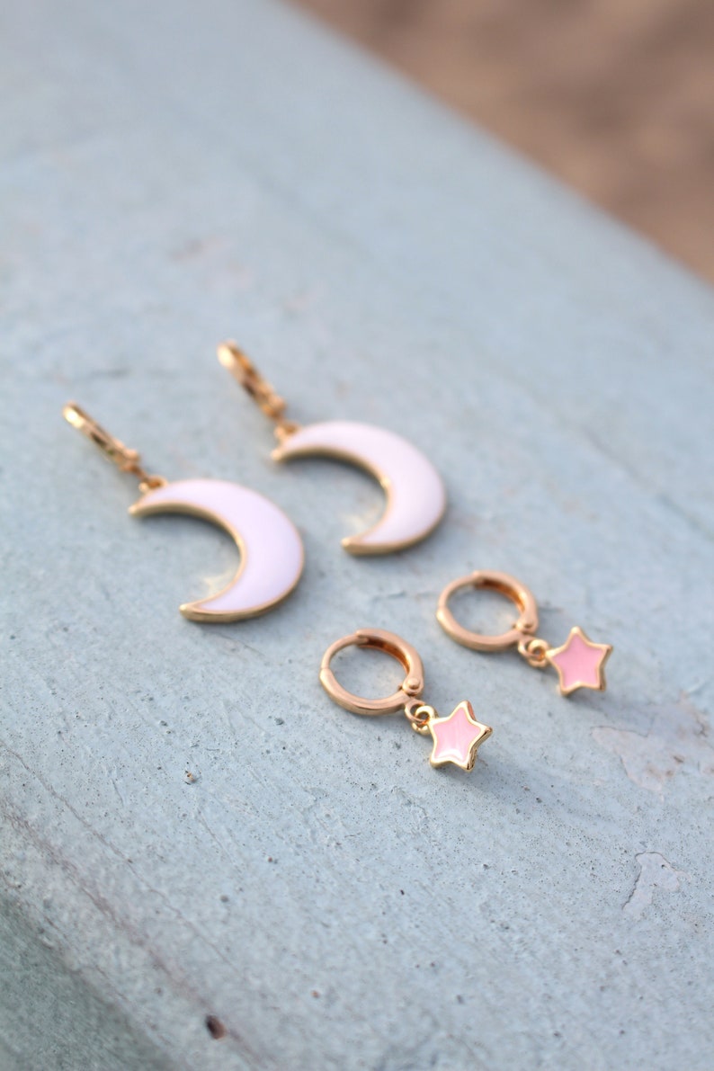 Moon and Star Earrings Earring Set Gold White Pink Hoop Earrings Birthday Gift Gift for BFF image 1