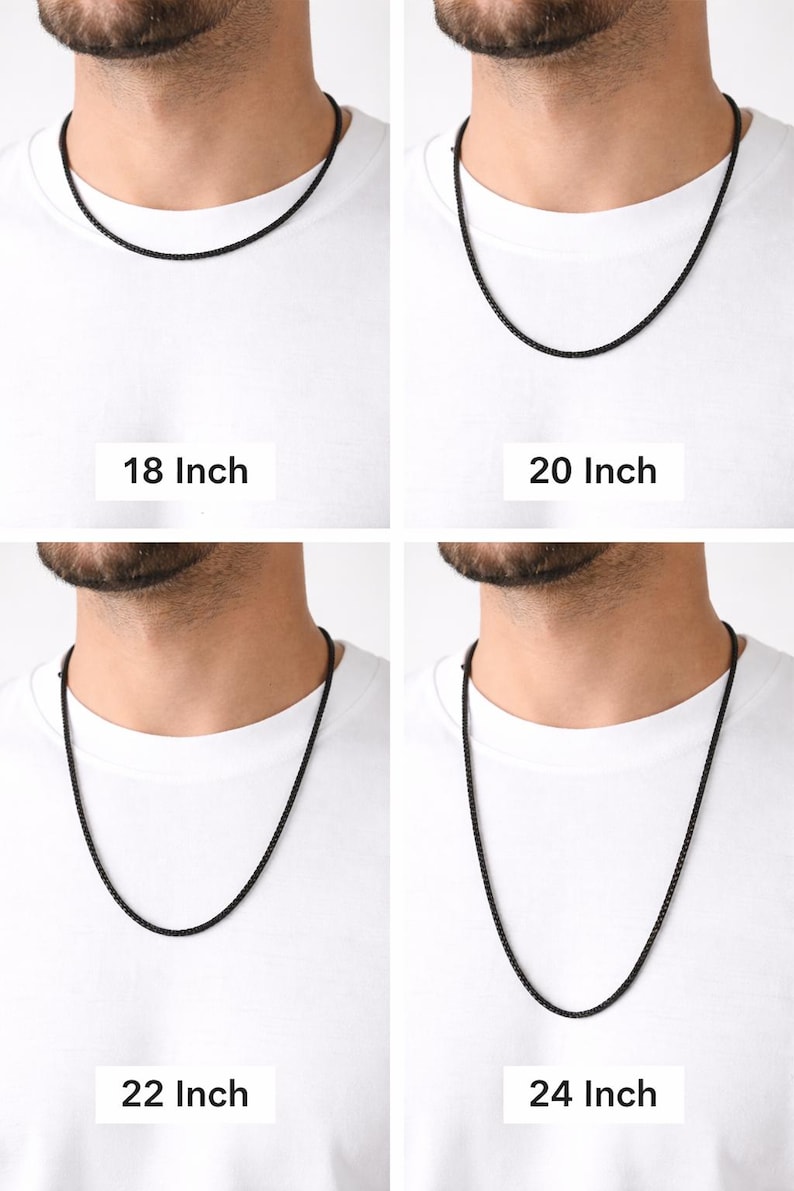 May include: Four black chain necklaces of varying lengths: 18, 20, 22, and 24 inches (approximately 45.7, 50.8, 55.9, and 61 cm). Each necklace is shown on a person wearing a white t-shirt, highlighting the different lengths.
