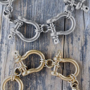 Retro Modernist Stainless Steel carabiner bracelet in silver and gold, custom length. All horse shoe bracelet, personalized length. Punk rock jewelry, statement piece for those who dare to be different.