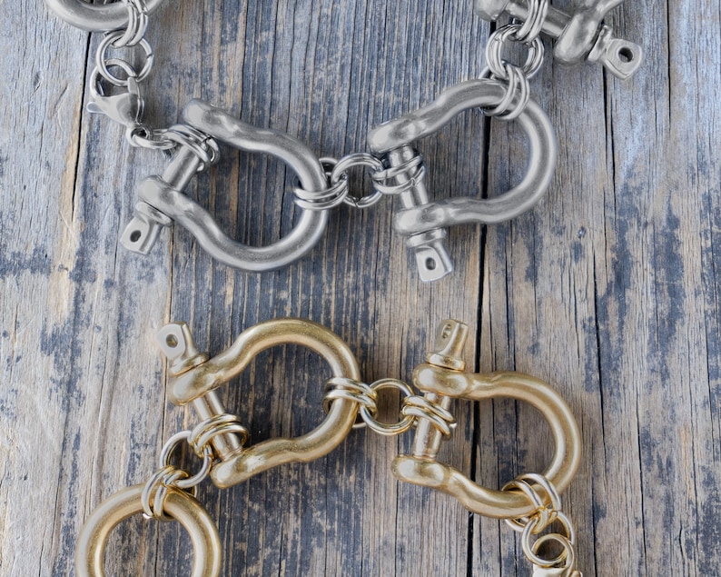 Retro Modernist Stainless Steel carabiner bracelet in silver and gold, custom length. All horse shoe bracelet, personalized length. Punk rock jewelry, statement piece for those who dare to be different.