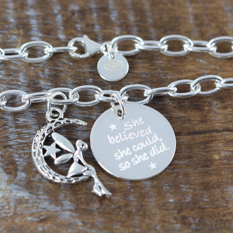 She Believed She Could Chain Link Charm Bracelet 925 Sterling Silver Engraved Jewelry Graduation Gift