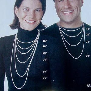 May include: A side-by-side comparison of necklace lengths on two models. The necklace lengths are labeled in inches: 16, 18, 20, 24, 30, and 36 inches.