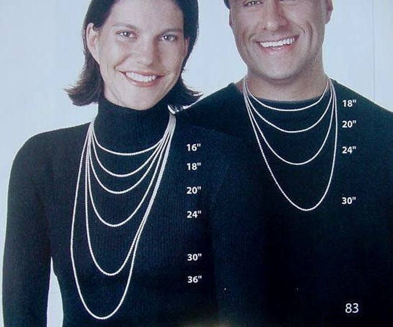 May include: A side-by-side comparison of necklace lengths on two models. The necklace lengths are labeled in inches: 16, 18, 20, 24, 30, and 36 inches.