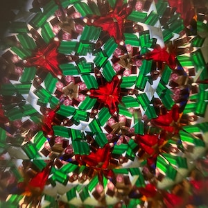 K&ouml;nnte beinhalten: Ein Kaleidoskopbild mit einem sich wiederholenden Muster aus roten Sternen und gr&uuml;nen Rechtecken. Der Hintergrund ist wei&szlig; mit einer leichten Unsch&auml;rfe.