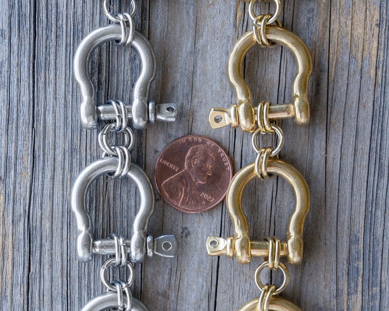 Retro Modernist Stainless Steel carabiner bracelet in silver and gold, custom length. All horse shoe bracelet, personalized length. Punk rock jewelry, statement piece for those who dare to be different.