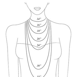 May include: A diagram showing different necklace lengths in inches, from 14 inches to 33 inches.