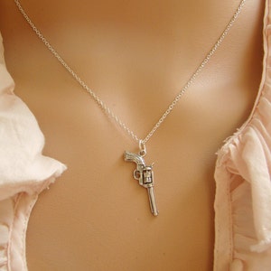 Gun Charm Necklace 925 Sterling Silver - Revolver Pistol Pendant - Six Shooter Everyday Jewelry image 2