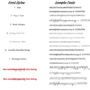 May include: A list of font styles with sample text in each font. The fonts include Arial, Pinyon Script, Book Antiqua, Bradley Hand ITC, Courier New, Lucida Handwriting, and Monotype Corsiva.