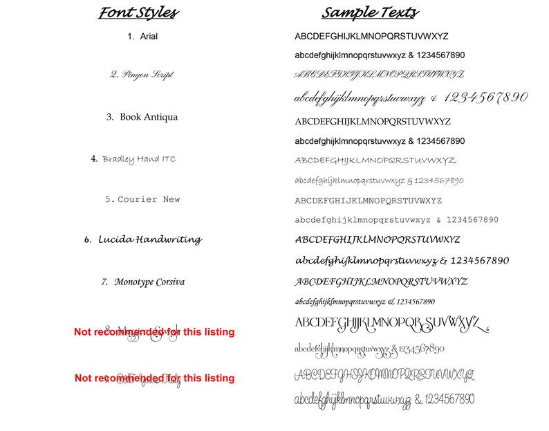 May include: A list of font styles with sample text in each font. The fonts include Arial, Pinyon Script, Book Antiqua, Bradley Hand ITC, Courier New, Lucida Handwriting, and Monotype Corsiva.