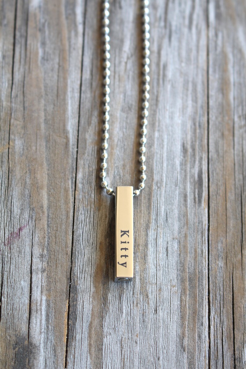 May include: A silver chain necklace with a silver bar pendant that says "Kitty" on it.