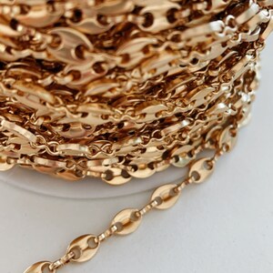 May include: A close-up of a gold chain with oval links. The chain is wound into a coil and a section of the chain is extended out to show the detail of the links.