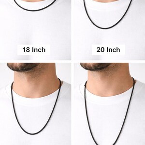 May include: Four black chain necklaces, each displayed on a person wearing a white t-shirt. The lengths are 18, 20, 22, and 24 inches (approximately 45.7, 50.8, 55.9, and 61 cm). The image shows the chain's length around the neck.