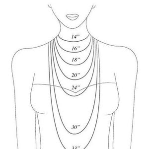 May include: A diagram showing different necklace lengths in inches, ranging from 14 inches to 33 inches.