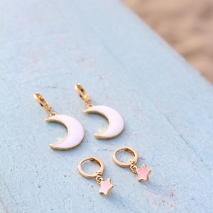 Moon and Star Earrings Earring Set Gold White Pink Hoop Earrings Birthday Gift Gift for BFF image 6