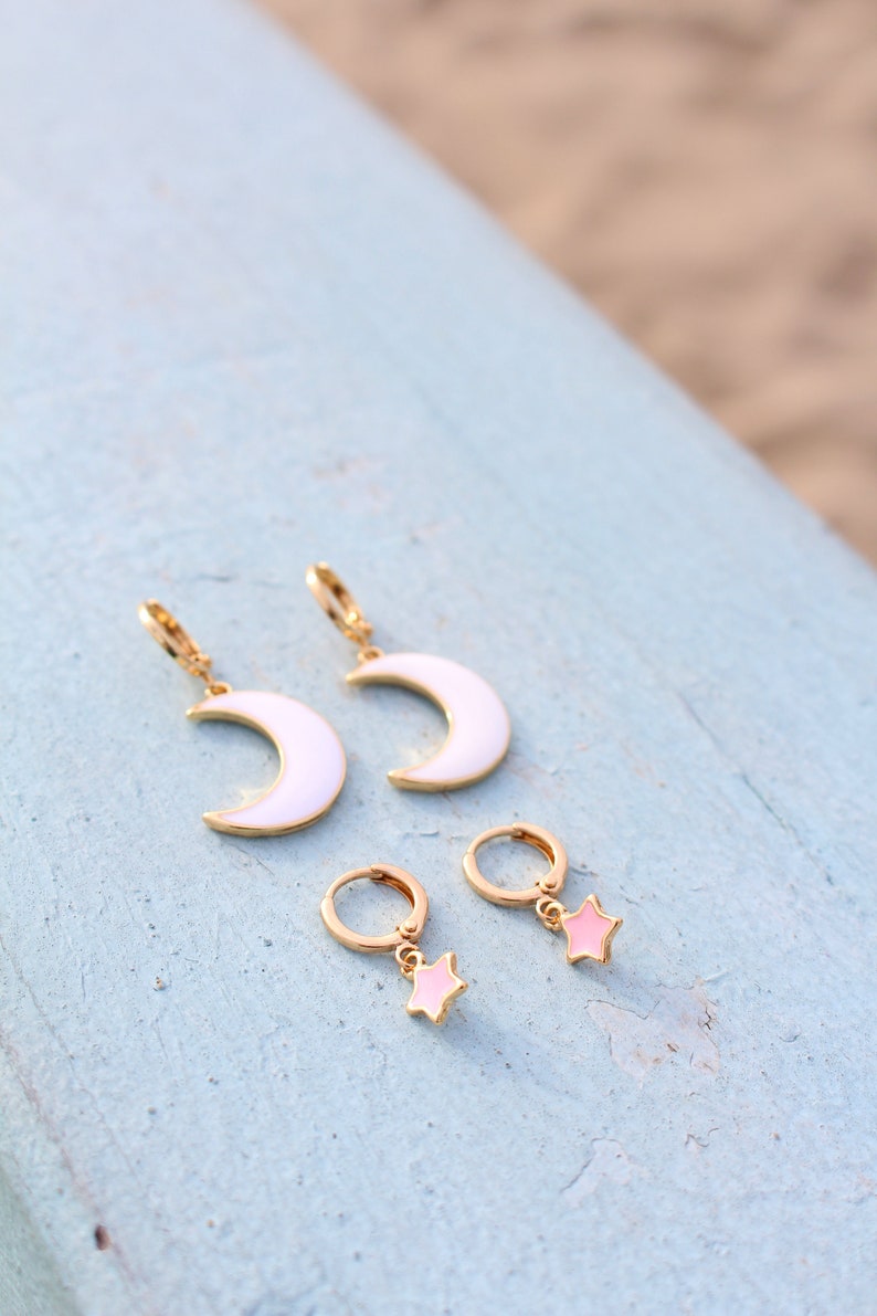 Moon and Star Earrings Earring Set Gold White Pink Hoop Earrings Birthday Gift Gift for BFF image 6