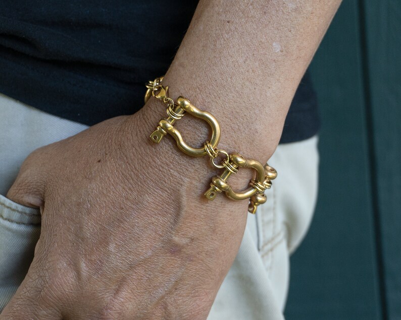 Retro Modernist Stainless Steel carabiner bracelet in silver and gold, custom length. All horse shoe bracelet, personalized length. Punk rock jewelry, statement piece for those who dare to be different.
