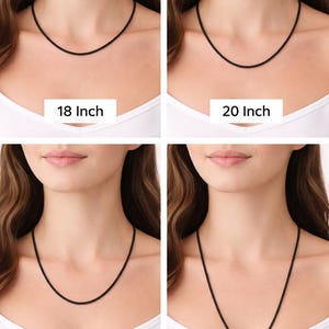 May include: Four images displaying black necklaces in different lengths: 18, 20, 22, and 24 inches (approximately 45.7, 50.8, 55.9, and 61 cm). Each necklace is worn, with the length clearly indicated. The necklaces have a simple, elegant design.