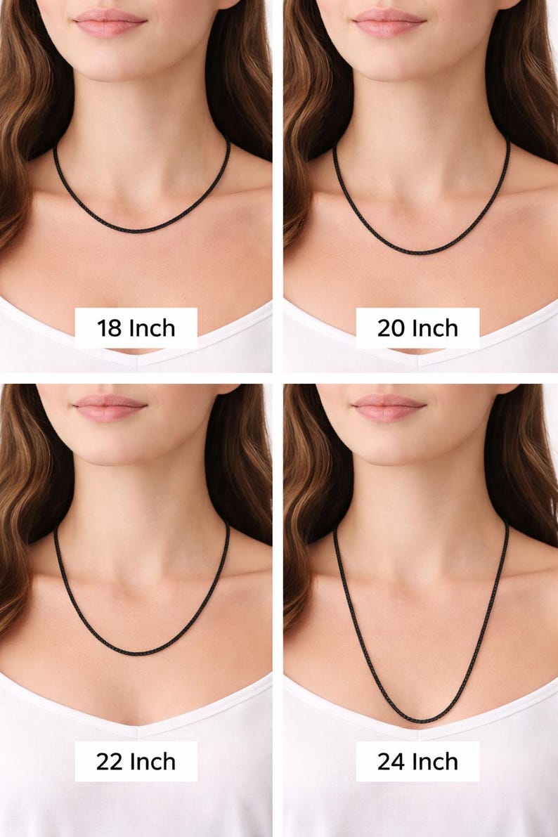 May include: Four images displaying black necklaces in different lengths: 18, 20, 22, and 24 inches (approximately 45.7, 50.8, 55.9, and 61 cm). Each necklace is worn, with the length clearly indicated. The necklaces have a simple, elegant design.