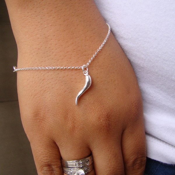 Italian Horn Bracelet, 925 Sterling Silver, Bridesmaid Bracelet, Good Luck, Friendship, Cornicello, Cornetto N002