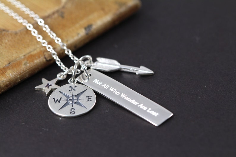 Not All Who Wander are Lost Necklace , Graduation Gift , Wanderlust , 925 Sterling Silver Engraved Jewelry image 1
