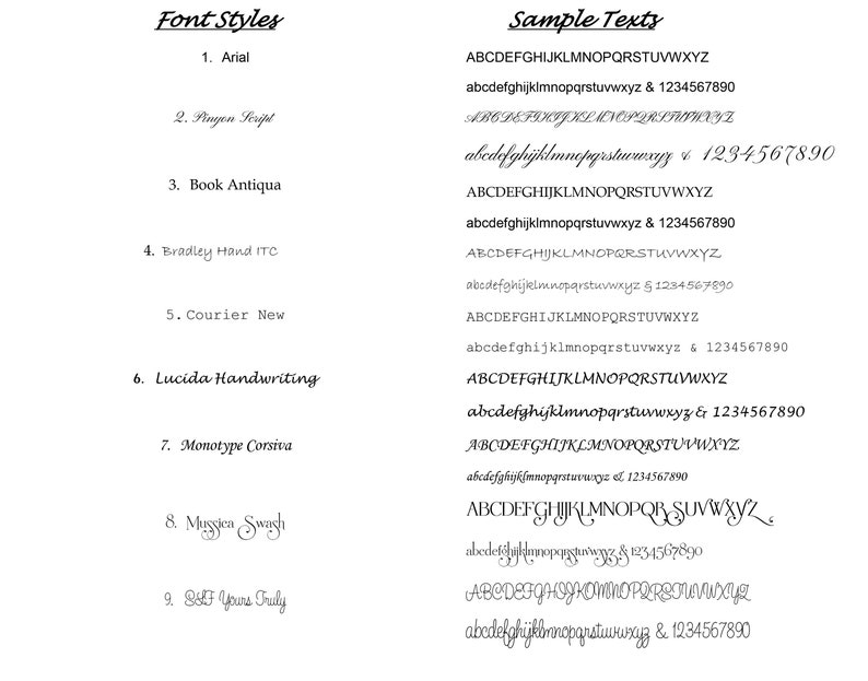 May include: A list of nine different font styles with sample text in each style. The font styles include Arial, Prayon Script, Book Antiqua, Bradley Hand ITC, Courier New, Lucida Handwriting, Monotype Corsiva, Mussen Swagh, and DSEF Yours Truly.