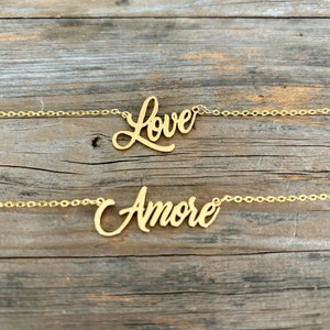 Amore and Love Necklace - Birthday Gift For Her - Gold Stainless Steel Adjustable Handwriting Necklace Birthday Gift for Girlfriend Wife