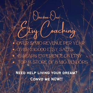 May include: A graphic with a blue background and orange text that reads "One-on-One Etsy Coaching". The text below lists the coach's experience and qualifications: over £1 million revenue per year, over 230,000 Etsy sales, 15 years experience on Etsy, and a top 1% store of 8 million vendors. The text at the bottom reads "Need help living your dream? Convo me now!"