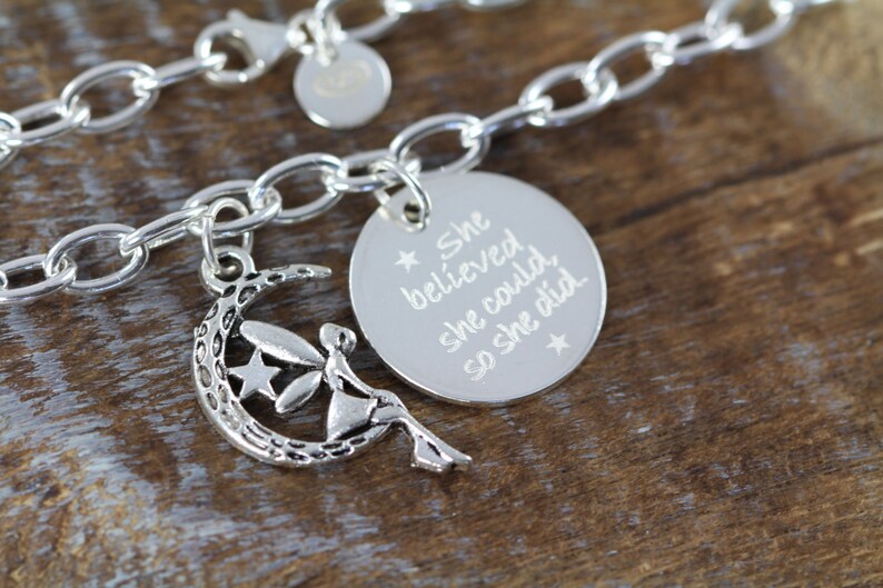 She Believed She Could Chain Link Charm Bracelet 925 Sterling Silver Engraved Jewelry Graduation Gift