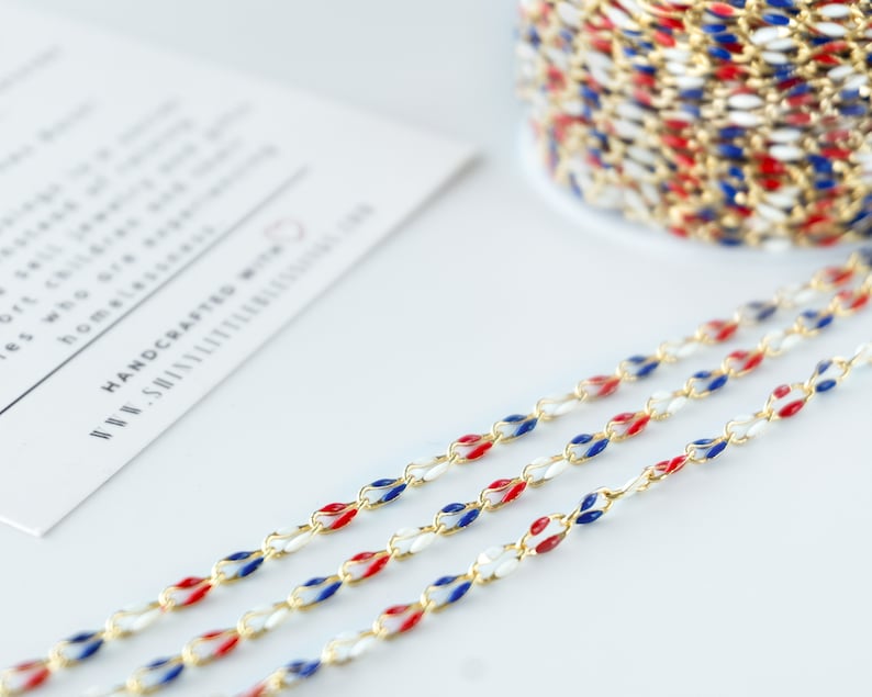 Enamel gold color red white and blue chain for bulk permanent jewelry