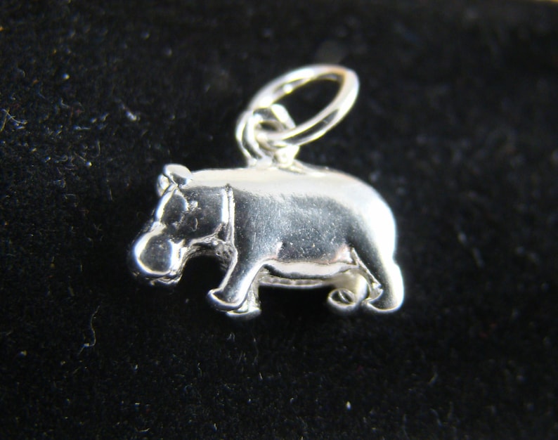 May include: A silver charm in the shape of a hippopotamus. The charm has a loop at the top for attaching to a bracelet or necklace.
