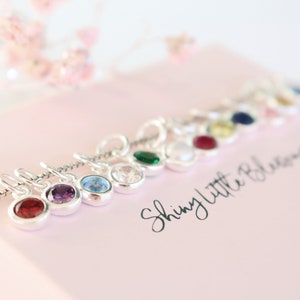 May include: A silver chain necklace with small charms featuring different colored gemstones. The charms are arranged in a row and the text "Shiny Little Blessings" is written on a pink surface.