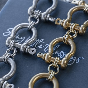 Retro Modernist Stainless Steel carabiner bracelet in silver and gold, custom length. All horse shoe bracelet, personalized length. Punk rock jewelry, statement piece for those who dare to be different.
