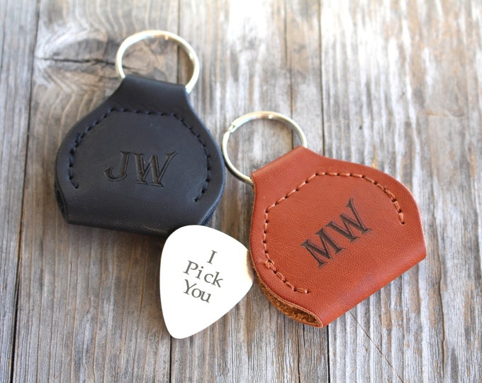 Personalized Black or Brown Guitar Pick Holder , Monogrammed Vegan Leather Guitar Pick Case , Gift for Dad , Engraved Gifts for Him