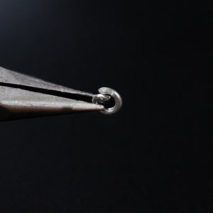 Pu&ograve; includere: Primo piano di un paio di pinze argentate che tengono un piccolo anello di salto argentato.